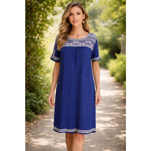 Women's Lucky Brand LIVE IN LOVE Blue Embroidered Short Sleeve Dress L